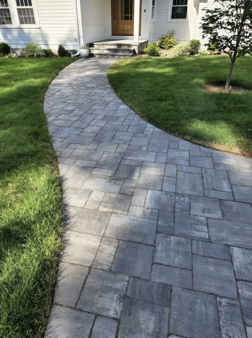 Curved paver stone walkway and landscaping leading to a home entrance